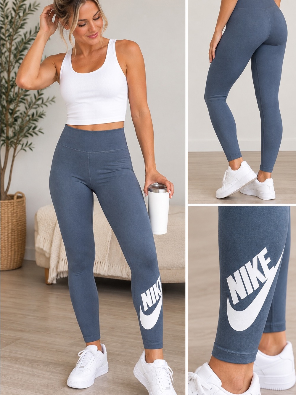 Nike Sportswear Classics High Waisted Graphic Leggings Blue White Size L